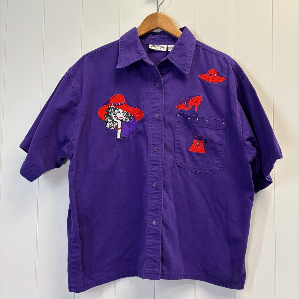 Vintage Get Lucky USA Womens 90s Embroidered Button Down Top Size L Rockabilly